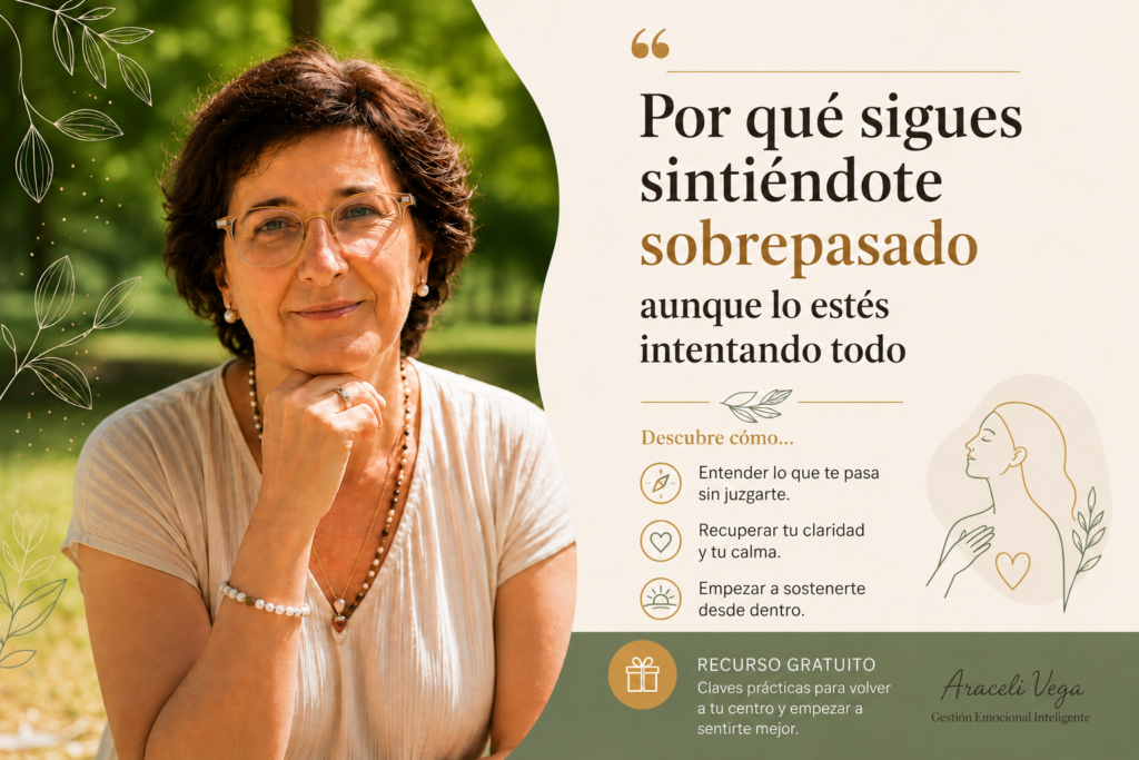 Araceli Vega, formadora en Gestión Emocional Inteligente, aparece sonriendo en un entorno natural. A su lado, el título «Por qué sigues sintiéndote sobrepasado aunque lo estés intentando todo» presenta un recurso gratuito para comprender lo que te ocurre, recuperar claridad y calma y aprender a sostenerte emocionalmente.